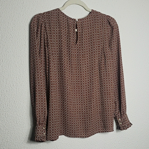 LOFT Foulard Pleated Sleeve Blouse Brown Medallion 60s 70s Hippy Retro Bohemian - Picture 10 of 12